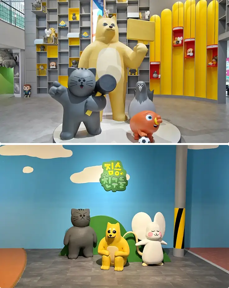 Meet playful character statues gathered together in vibrant, story-inspired photo zones.
