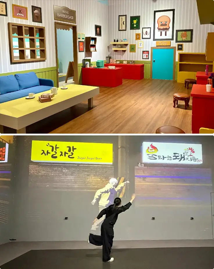 Explore a whimsical barbershop set and an interactive projection stage.