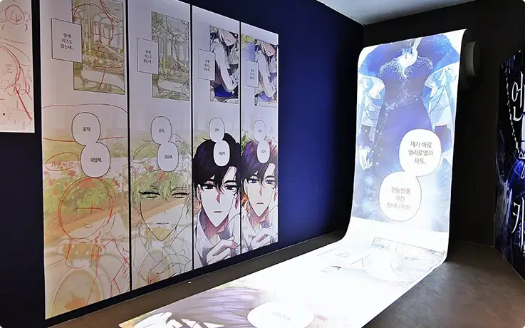 Follow an illustrated webtoon romance brought to life through glowing digital wall panels.