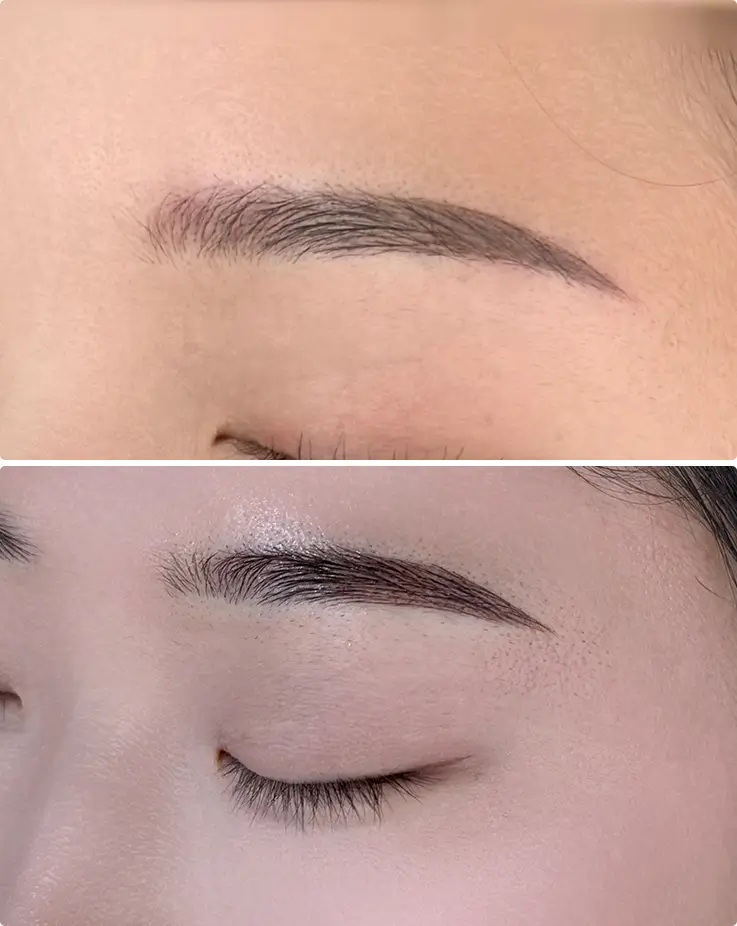 Sparse natural brows transform into fuller, defined shapes with soft hair-stroke detail.