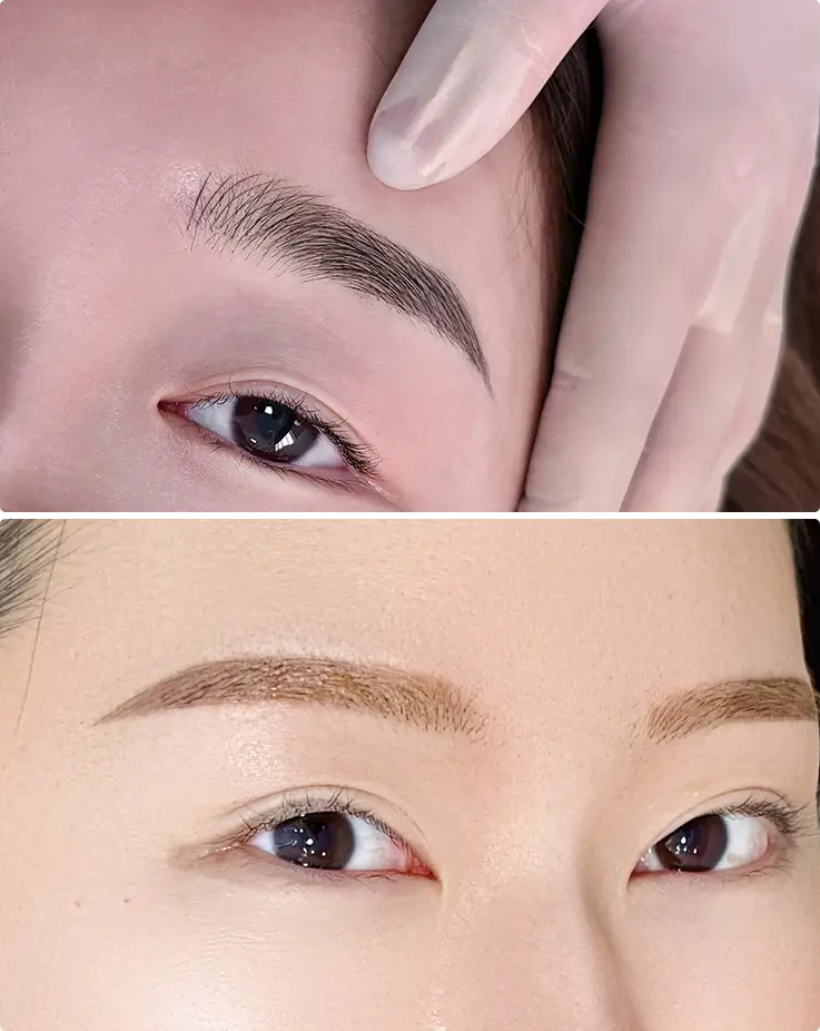 Eyebrow treatment process and finished result show natural, hair-stroke brow definition.