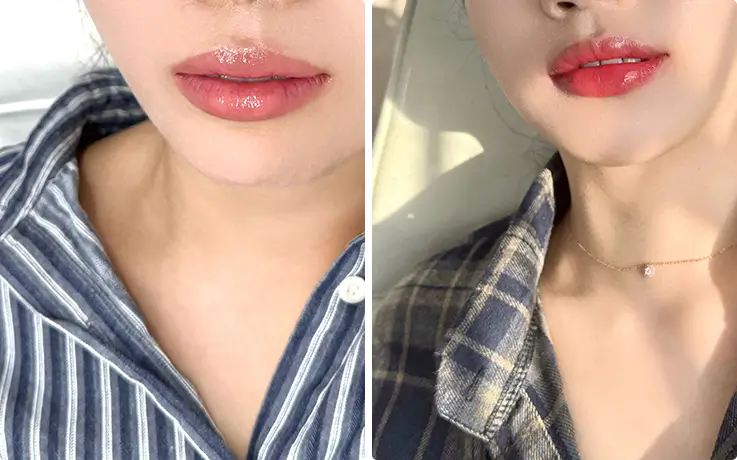 Close-up shots capture vibrant, natural-looking lip color achieved through semi-permanent treatment.