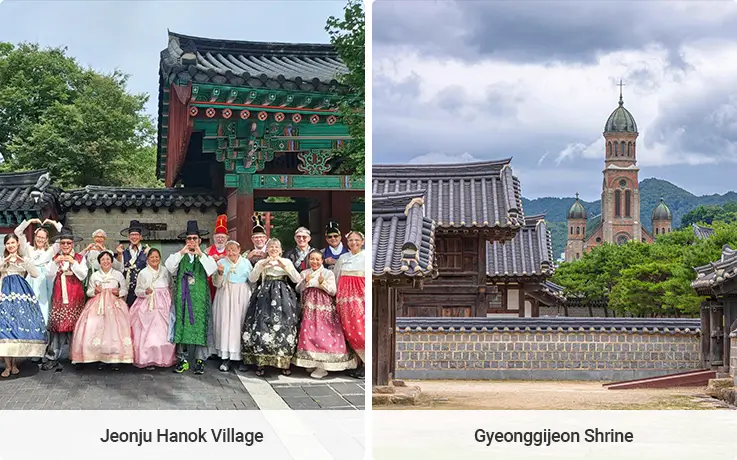 On the left, tourists in colorful Hanbok are posing in front of a Hanok house. On the right, Gyeonggijeon Shrine shows off its beautiful scenery.