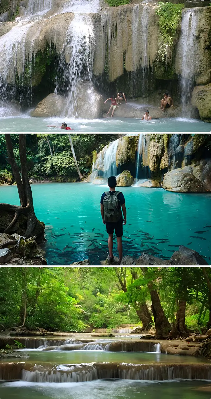 Beautiful scenery and people enjoying swimming at Erawan Waterfall in Kanchanaburi