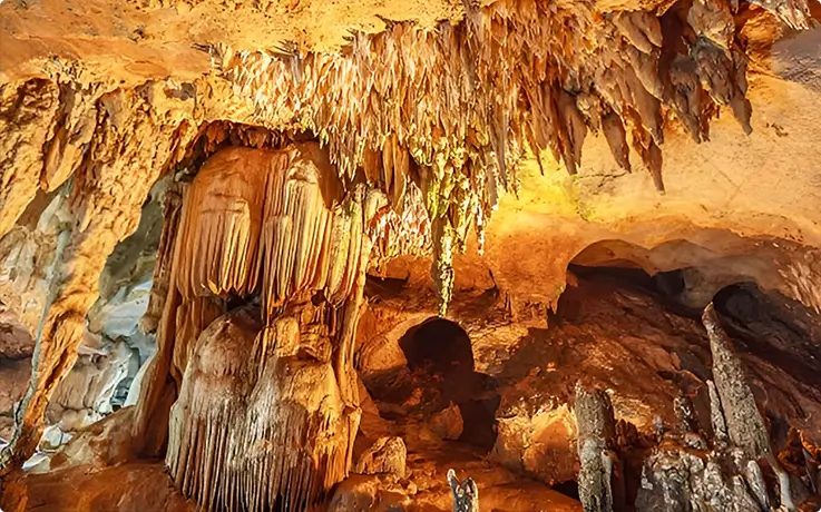 Stalactites and stalagmites in Phra That Cave in Kanchanaburi