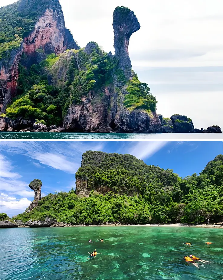 Iconic rock of Chicken Island in Krabi and people snorkeling in the crystal-clear ocean near the island