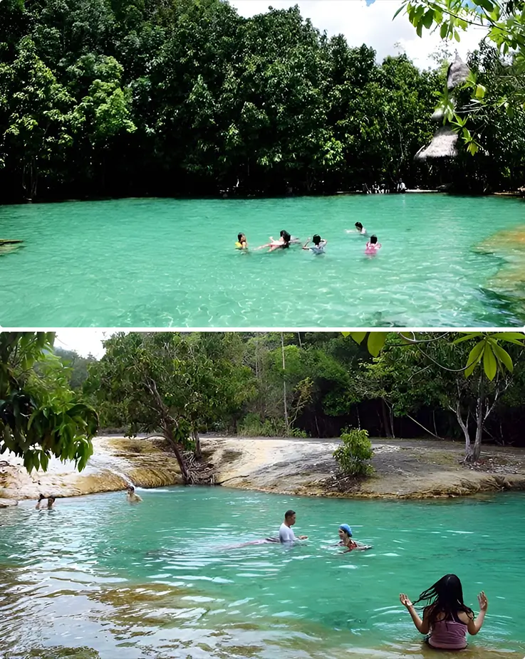 People enjoy swimming at Emerald Pool in Krabi