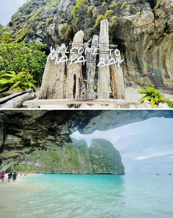 Beautiful cliffs and a white sand beach at Maya Bay of Phi Phi Islands in Krabi