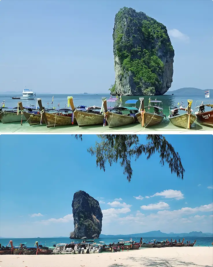 Towering limestone cliffs surrounded by the shining ocean of Poda Island