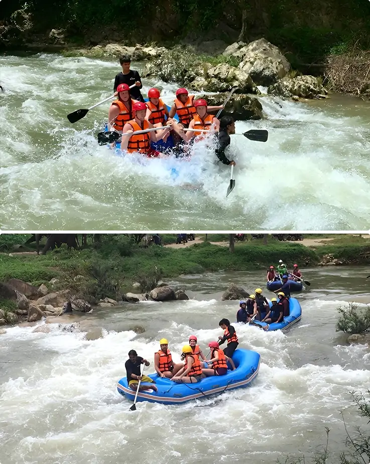 People enjoying white water rafting in Songprak River