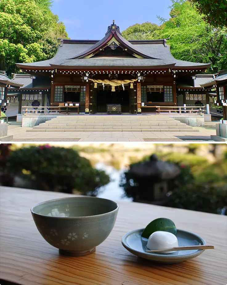 Elegant Exterior and delicious matcha and dessert of Kokin Denju no Ma in Kumamoto