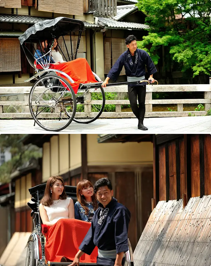 People enjoying private charter rickshaw ride in Kyoto Higashiyama