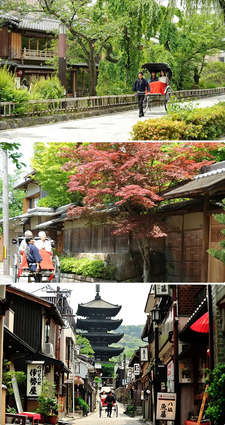 People enjoying Ebisuya Rickshaw tour in Kyoto Higashiyama with historic streets and temples