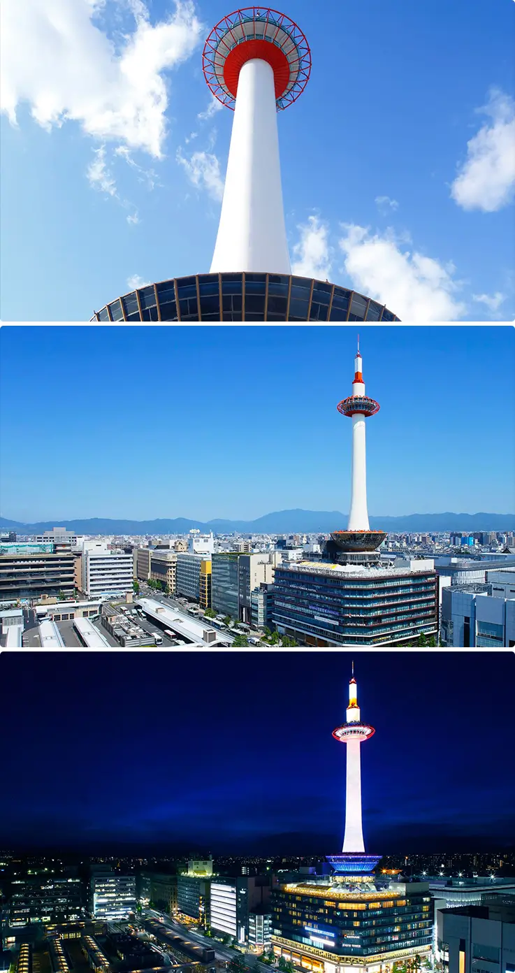 Exterior of Nidec Kyoto Tower in the day and at night