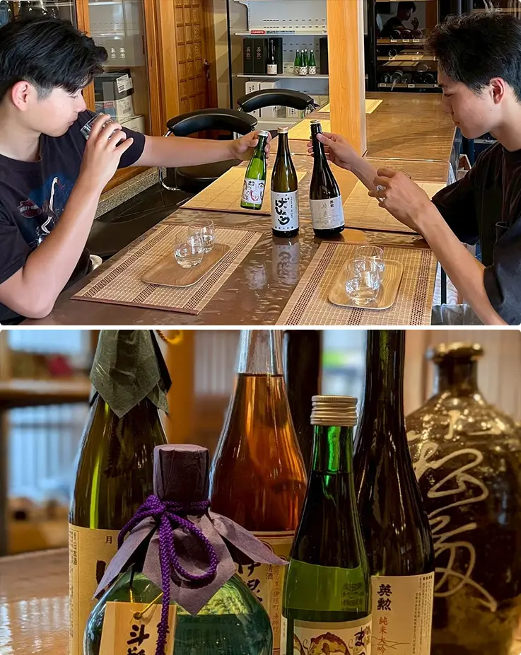 Visitors tasting Japanese Sake at Omatto in Kyoto