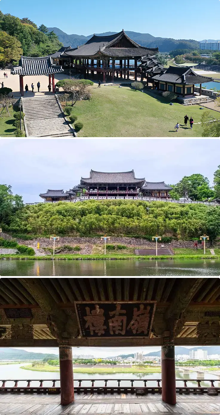 Pavillon historique Yeongnamnu à Miryang, avec ses toits traditionnels et sa vue panoramique sur la rivière.