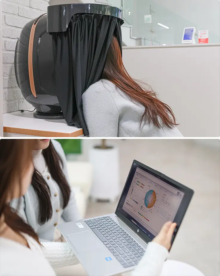 A person getting a skin analysis at The Bom Personal Color & Makeup in Myeongdong