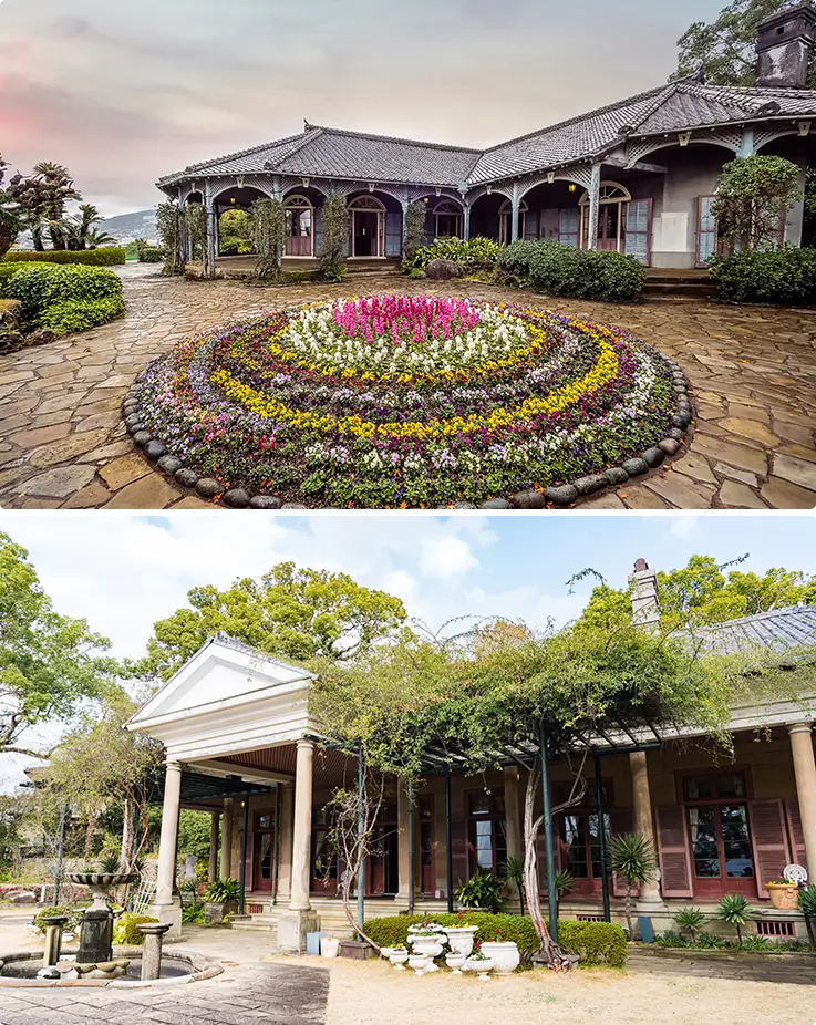 Colorful flower beds bloom beside preserved 19th-century Western mansions atop a hillside garden.
