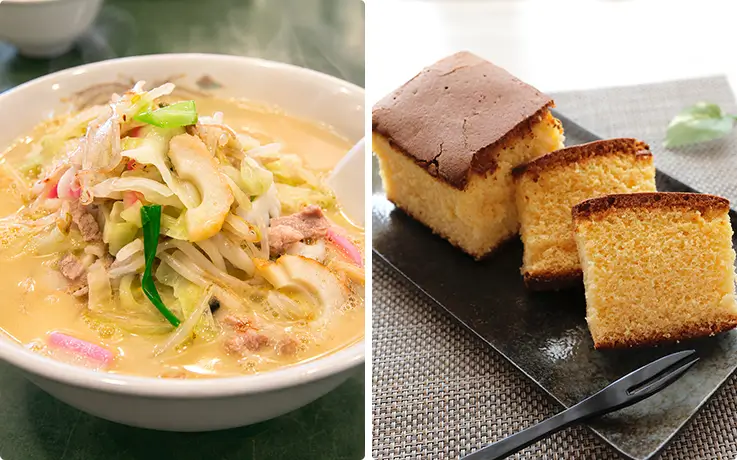 Steaming champon noodles and soft castella cake showcase Nagasaki's beloved local specialties.