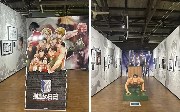 Browse gallery walls of framed artwork beside a life-size character statue in dramatic dynamic pose.