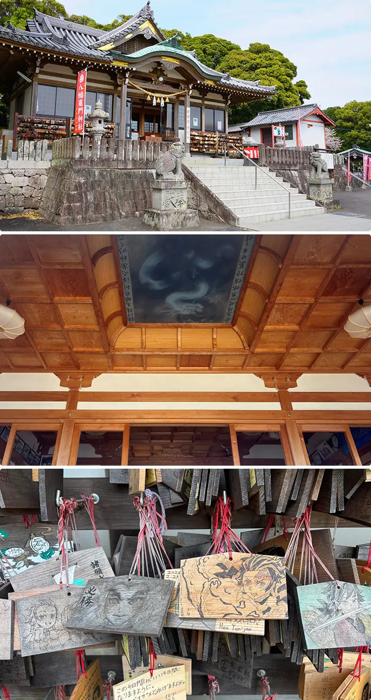 Traditional shrine architecture, a painted dragon ceiling, and hand-drawn Demon Slayer wooden plaques greet devoted fans.