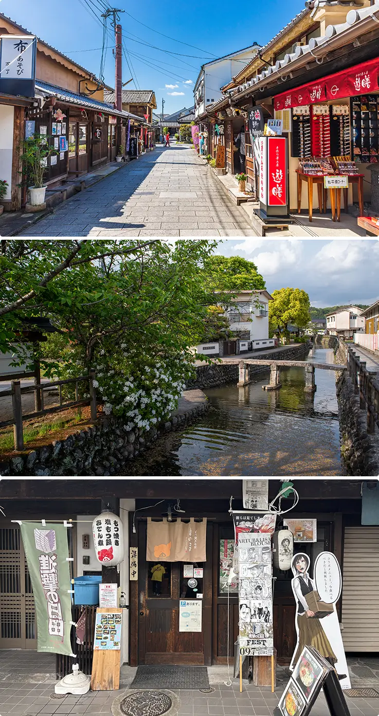 Historic merchant streets, a stone-lined canal, and an anime-themed storefront blend old and new charm.