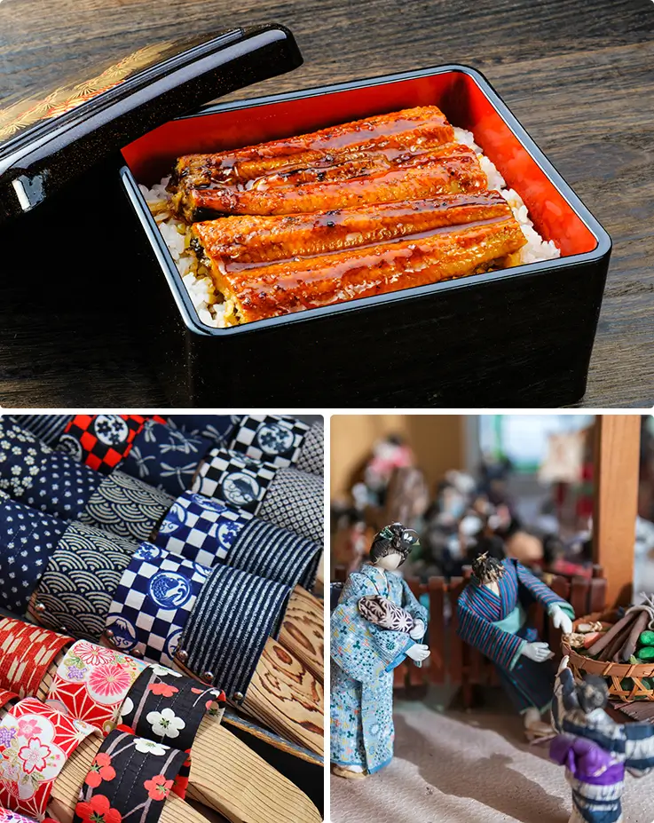 Savor grilled eel rice boxes, browse woven cloth crafts, and admire traditional handmade dolls up close.