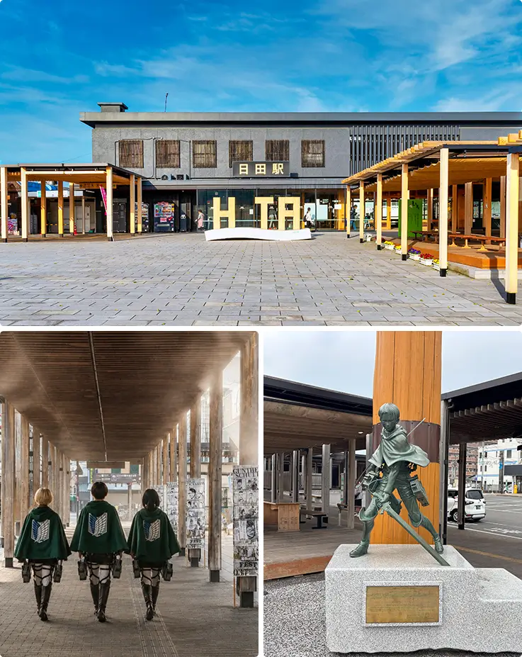 Arrive at a modern station featuring a bronze character statue and walkway installation.