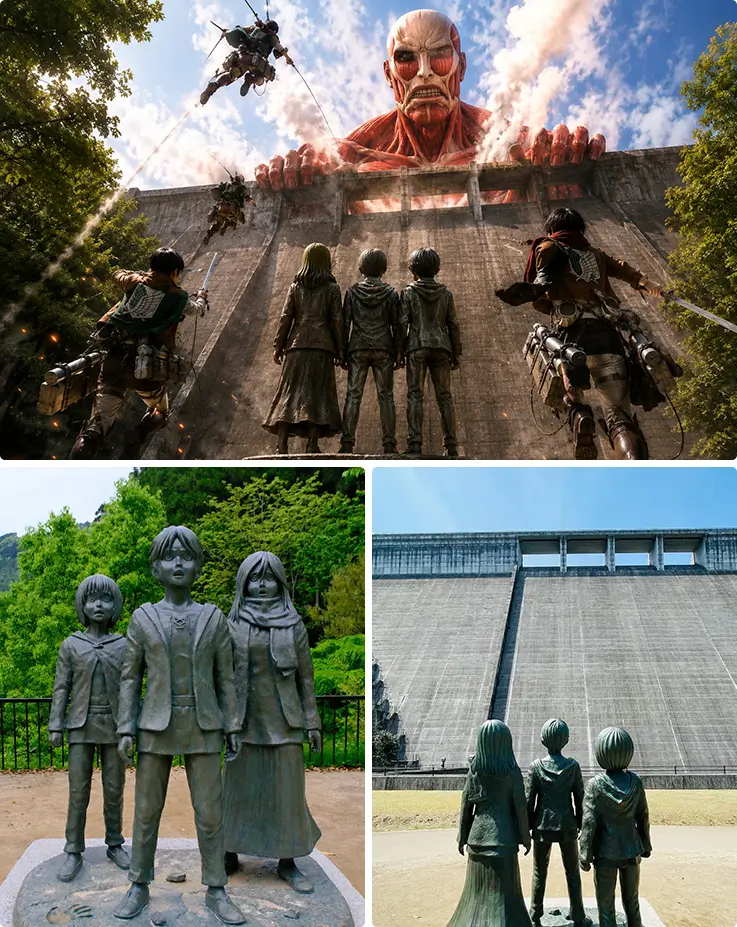 Gaze up at a towering dam wall paired with bronze character statues facing a dramatic mural.