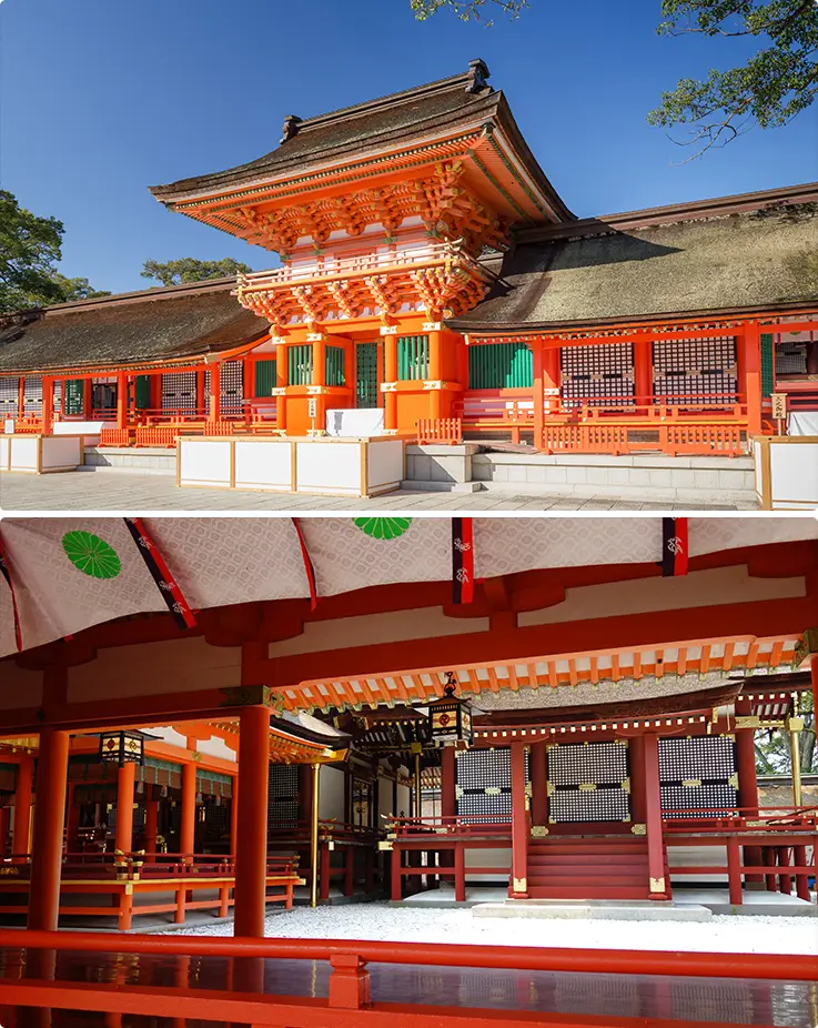 Showcases the historic Usa Shrine's vivid vermilion halls and serene courtyards.