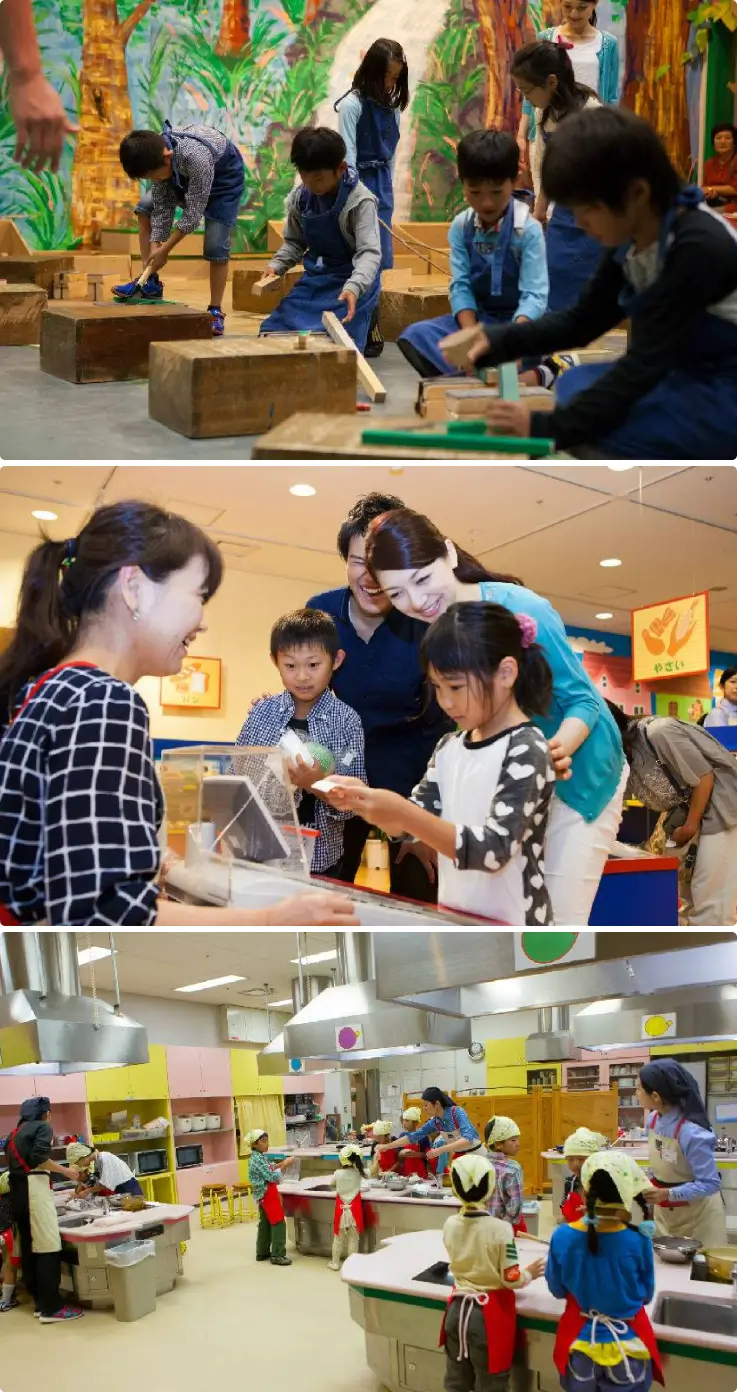 Children and parents enjoying various learning workshops at Kids Plaza Osaka