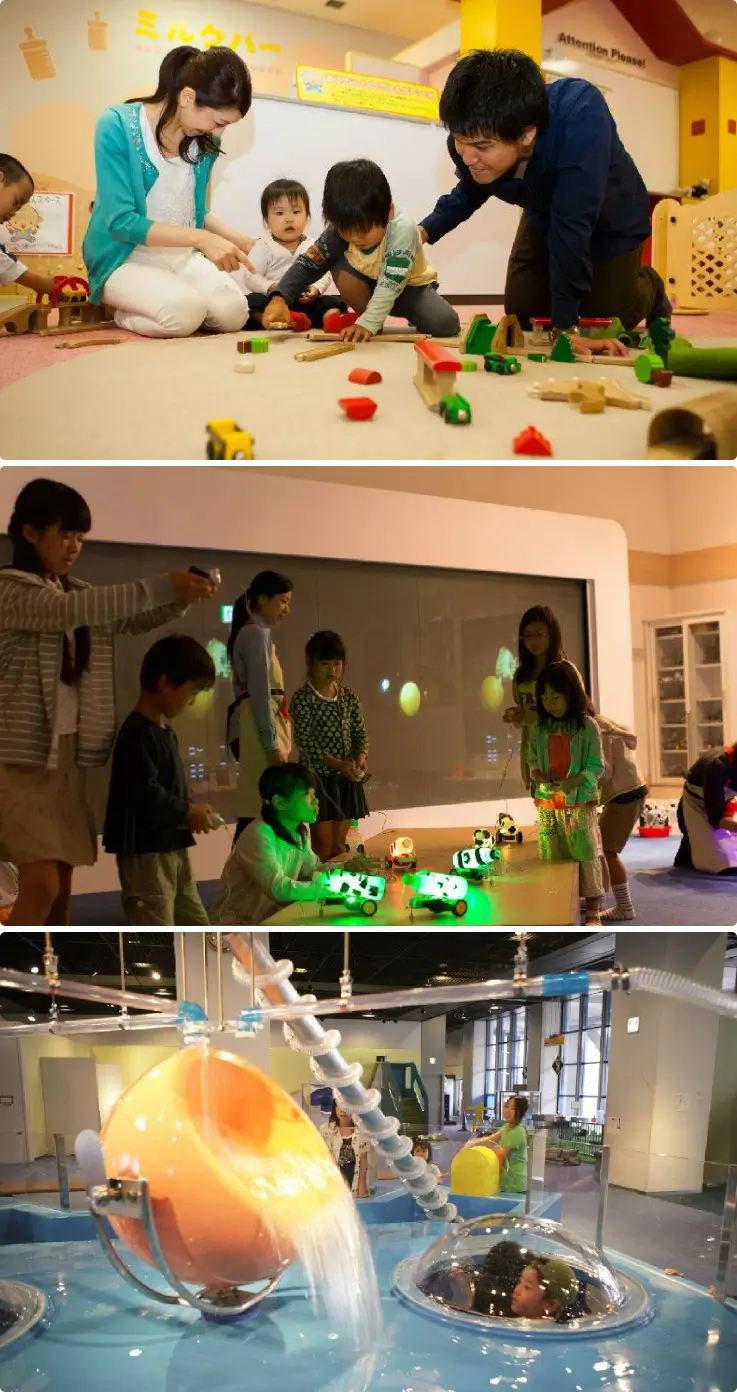 Families enjoying various fun activities at Kids Plaza Osaka