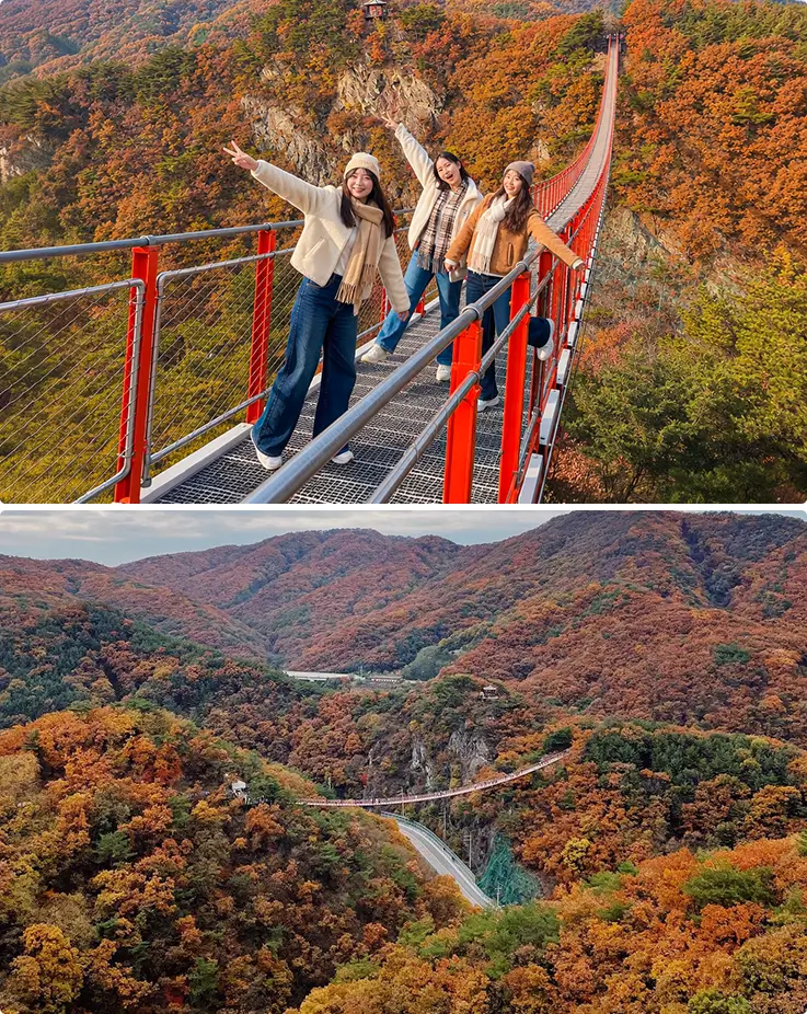 秋の紅葉と赤い吊り橋、旅行者、山間の美しい渓谷の風景