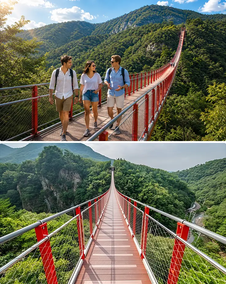 Pengunjung menyeberangi Jembatan Gantung Gamaksan yang berwarna merah mencolok di tengah pemandangan pegunungan yang rindang.