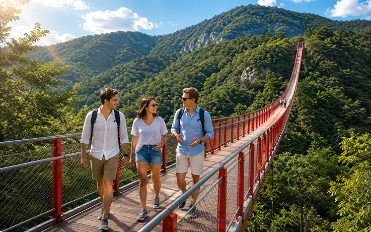 Gamaksan Mountain suspension bridge spanning a lush green valley high above the treetops.