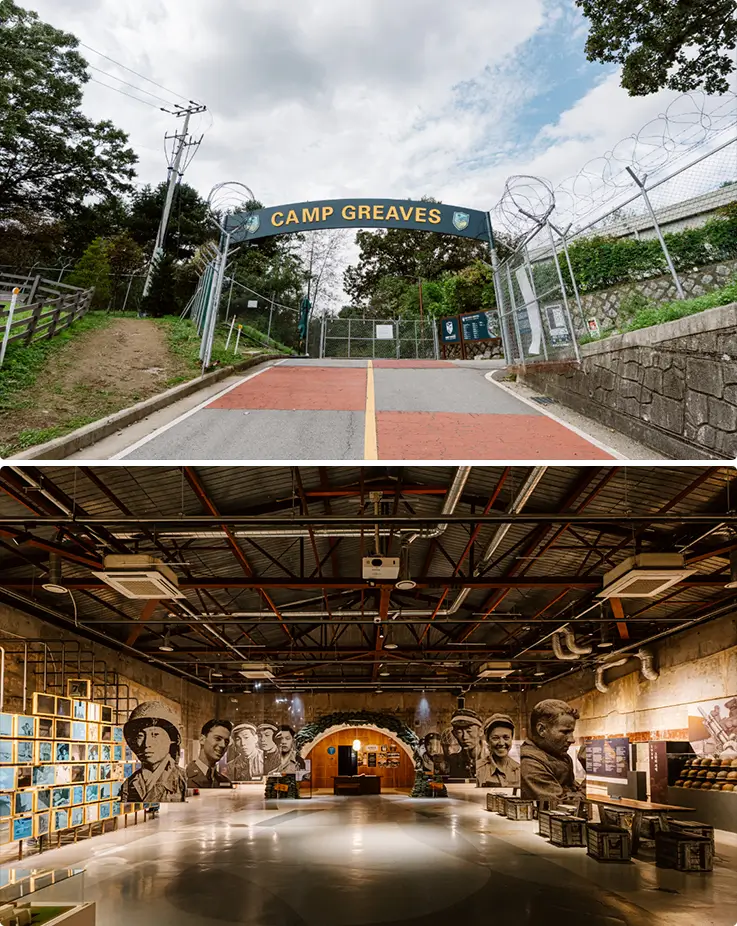 Entrance and inside views of Camp Greaves in Paju
