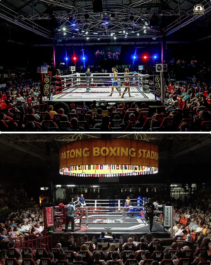 Spectators seated around the boxing ring at Patong Boxing Stadium Sainamyen