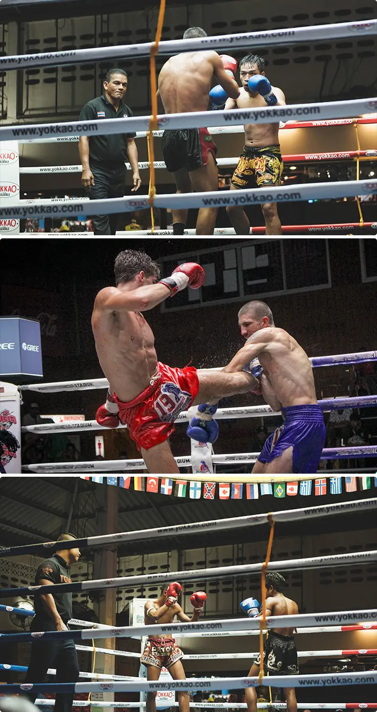 Two professional boxers in a fight at Patong Boxing Stadium Sainamyen