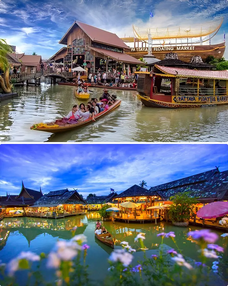 Panoramic views in day and night of Pattaya Floating Market