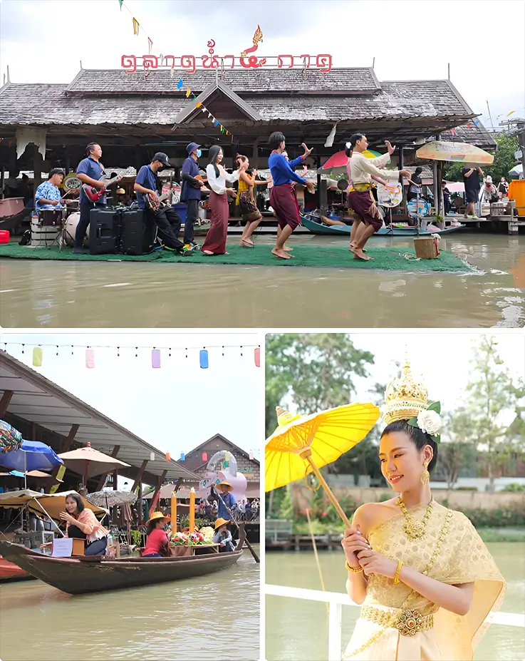 People in Thai costume enjoying rowing boat ride at Pattaya Floating Market