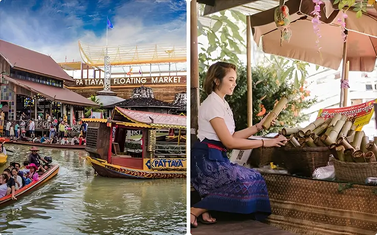 Boats floating at Pattaya Floating Market on the left, with a vendor selling bamboo rice on the right