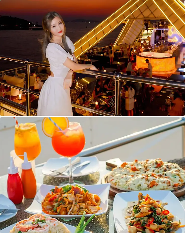 A person posing for a photo and Thai and international dishes of the dinner buffet on the Oriental Princess Cruise in Pattaya