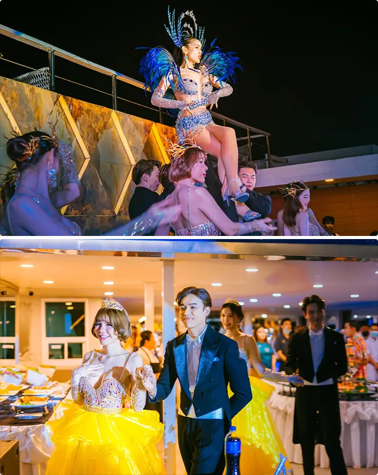 Ladyboy performers dancing on the Oriental Princess Cruise in Pattaya