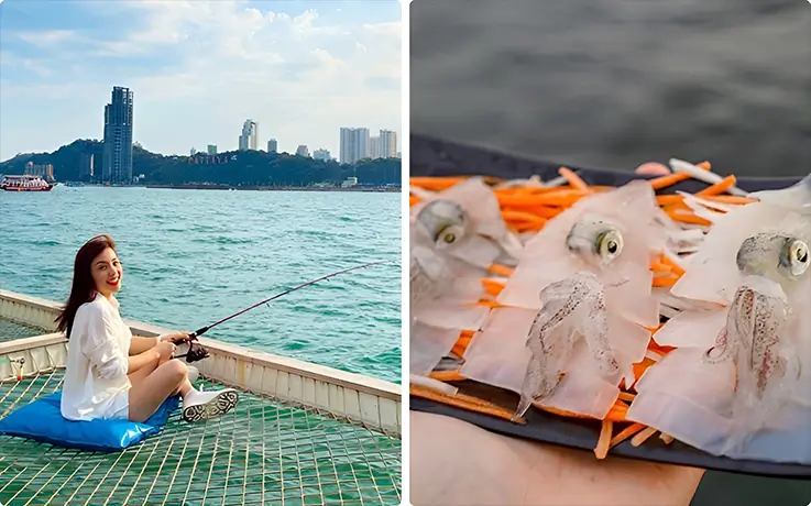 A visitor fishing at Tappia Floating Cafe in Pattaya on the left and prepared squid on the right