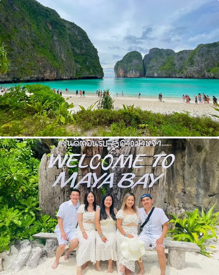 Maya Bay on the left and visitors taking photos in front of the Maya Bay sign on the right