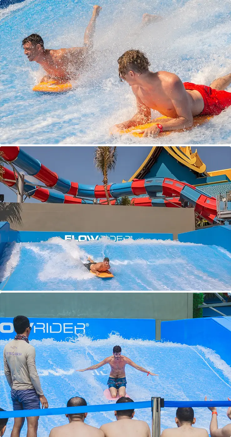 People enjoying surfing at Flow Rider in Andamanda Phuket