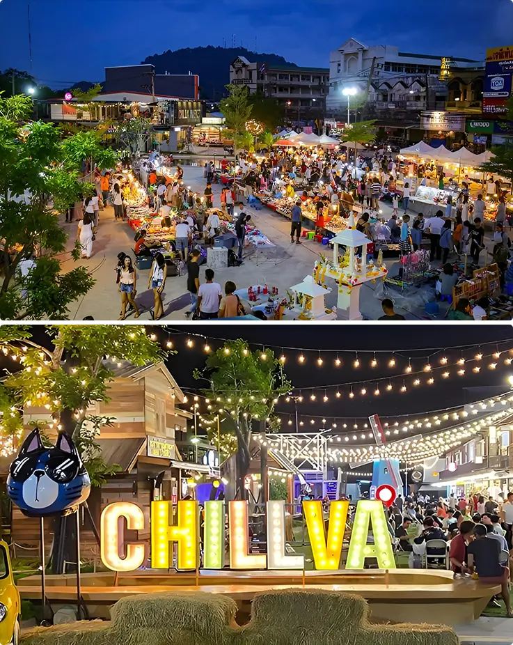 Bustling stalls and glowing sign of Chillva Night Market in Phuket