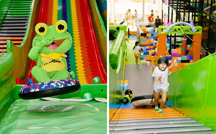 A person wearing a frog mask and a kid playing at Kid's Playground of Froggy's Fun Park in Phuket