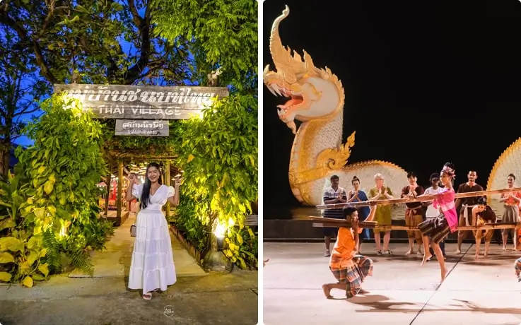 Visitor taking a photo in front of the Thai Village on the left, with an outdoor Thai dance performance on the right at Siam Niramit Show Phuket