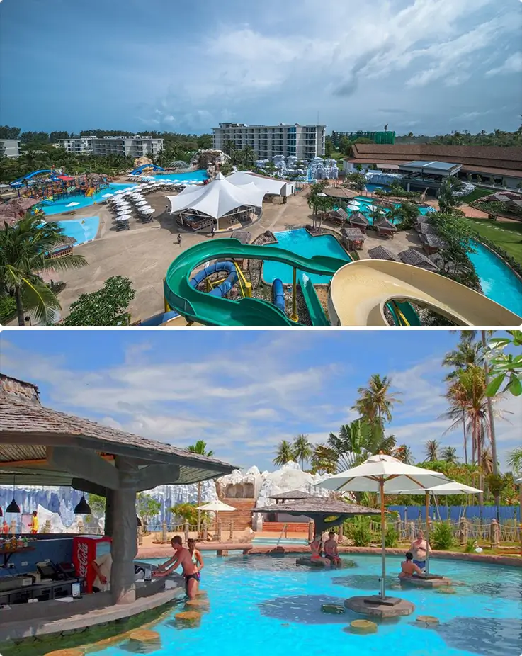 Panoramic view and people enjoying at Splash Jungle Water Park in Phuket